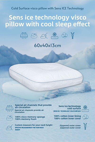 VİSCOTEX Sens Ice Technology Cool Sleeping Effect Visco Ορθοπεδικό Μαξιλάρι με Στήριγμα Λαιμού Μεσαίο 60x40x13 cm