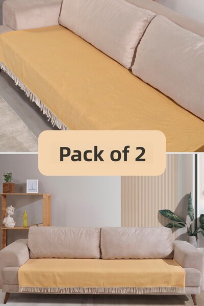 Miracolo Home طقم مفرش أريكة قطن أصفر - 115x200، هامش أمامي، نمط مخطط