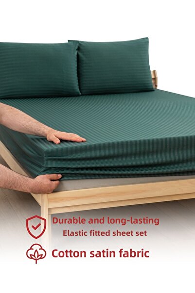 MODELHOME Σετ σεντόνια με διπλό βαμβακερό ριγέ σατέν σε σμαραγδί πράσινο χρώμα
