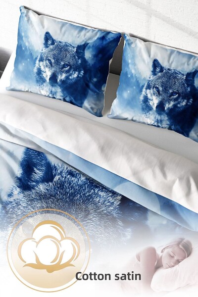 PerlaSera Lonely Wolf Natural 3D Custom Design - Double Duvet Cover Set, Tight Woven Cotton Satin