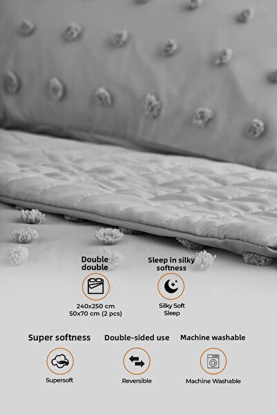 Evlen Home Collection Grey Boho Set - Cotton Emmy Embossed, Double, 3-Piece Filled Bedspread