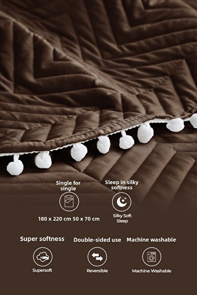 Evlen Home Collection 100% Cotton Single Bedspread (Pique) Set with Pompom Dark Brown