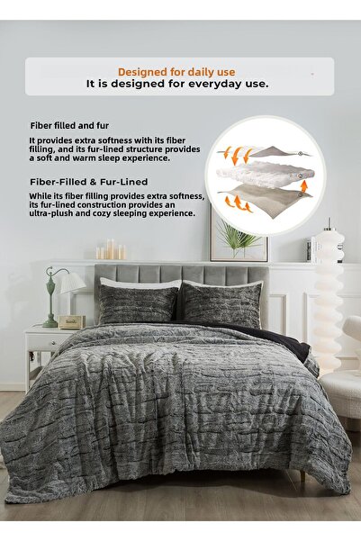 Evlen Home Collection مفرش سرير مزدوج من القطيفة الناعمة - طقم لحاف من فرو تاليا مكون من 3 قطع أنثراسايت