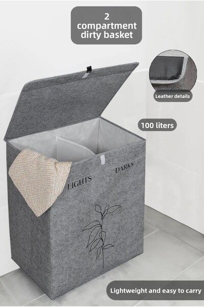AHİR TİCARET Δερμάτινο τσόχα 2 θέσεων Καλάθι βρώμικων ρούχων Πολλαπλών χρήσεων Πτυσσόμενη τσάντα αποθήκευσης παιχνιδιών Γκρι 53x33x60 cm