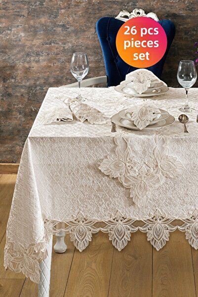 Evlen Home Collection طقم مفرش طاولة مخملي فاخر 26 قطعة بيترانا كابتشينو مع دانتيل ودانتيل