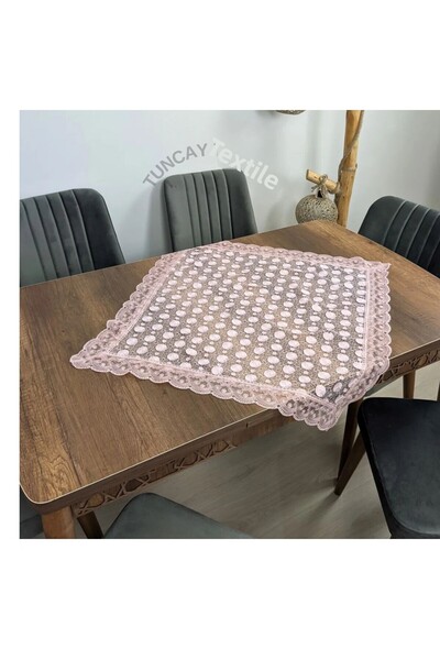 TUNCAY TEKSTİL Daisy Pattern Laced Polyester Square Fiskos Coffee Table Tablecloth French Guipure Model Cloth Powder Pink