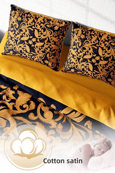 PerlaSera Double Duvet Cover Set Dense Weave Cotton Satin 3D Special Design Gold Floral