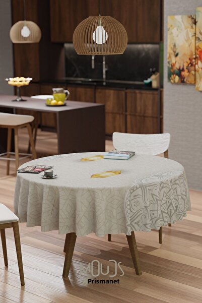 Moud's مفرش طاولة مستدير من قماش الجلد السويدي باللون الأبيض لرمضان