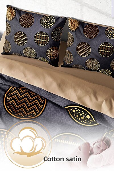 PerlaSera 3D Custom Design - Double Duvet Cover Set, Tight Woven Cotton Satin, Gold Black Circle