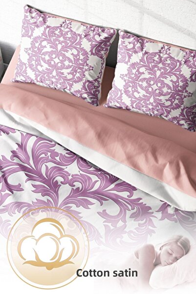 PerlaSera Double Duvet Cover Set Dense Weave Cotton Satin 3D Special Design Pink Damask
