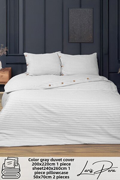 Larispera Csíkos pamut szatén dupla paplanhuzat szett King méretű fonalból festett gombos részletes paplanhuzat szett