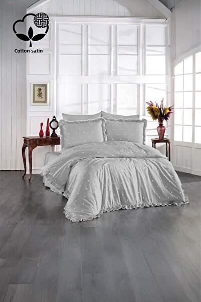 Nazik Home Amore Heart Embroidered Cotton Satin Single 4 Piece Duvet Cover Set