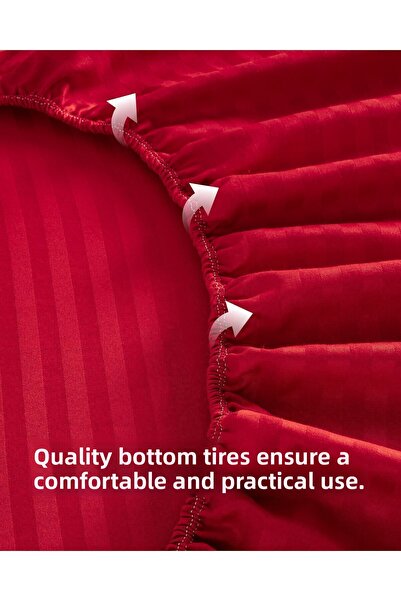 MODELHOME Red Colored Double Cotton Striped Satin Elastic Sheet Set