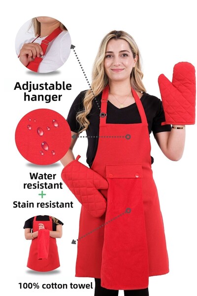 sevilya طقم مريلة مطبخ مكون من 4 قطع مع منشفة تعليق على شكل نجمة (2 قفاز)