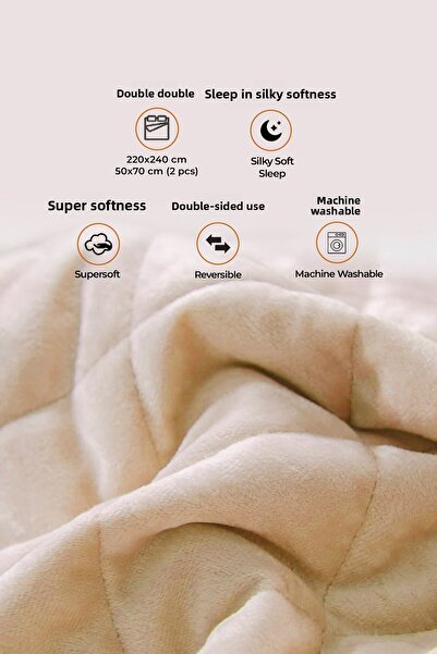 Evlen Home Collection Quilted Velvet Bed Cover Set Double Supersoft 3 Pieces Soft Fiber Filled Dowry Box Beige