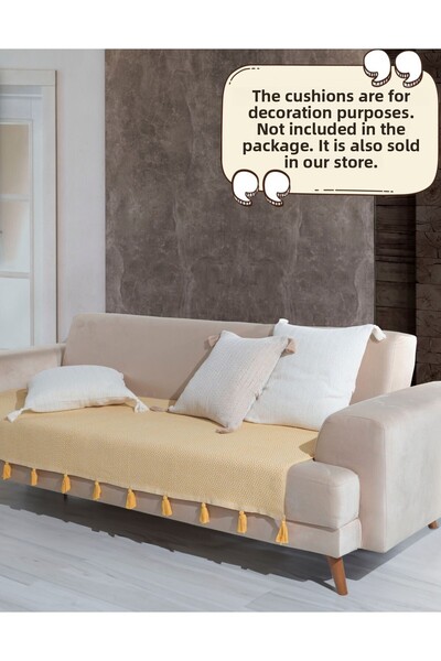 Lux Touch Yellow Lavi Pompom Seat Cover - 115 X 200 Cm, Sofa Divan Sofa Bed Armchair, Shawl Tufted