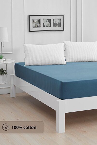 Mislina Home Roza Double Elastic Combed Cotton Bed Sheet Indigo Blue