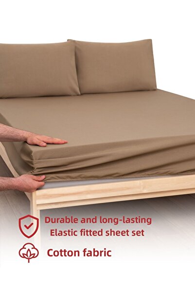 MODELHOME Ranforce Akfil Brown Elastic Sheet Single Double King Size Fitted Sheet Set with Pillowcase