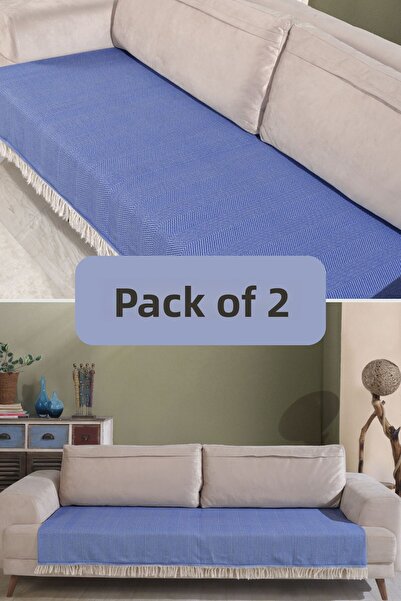 Miracolo Home Set de 2 huse de canapea din bumbac albastru - 115x200, model în dungi cu franjuri în față