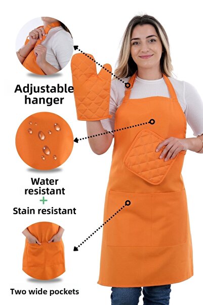 sevilya مجموعة مريلة مطبخ بسيطة مكونة من 3 قطع مع أشرطة قابلة للتعديل - قفازات، حامل