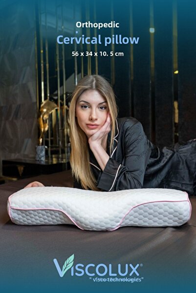 Viscolux Pernă ortopedică cu suport cervical pentru gât - Pernă visco pentru îndreptarea gâtului roz 56x34x10,5