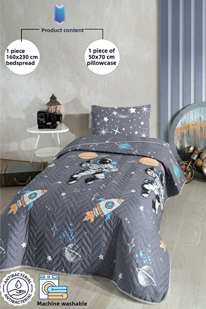 Formeya Astronaut Patterned Children-Teenager Room Single Pique-Bedspread Set 160 X 230 cm (Without Sheet)