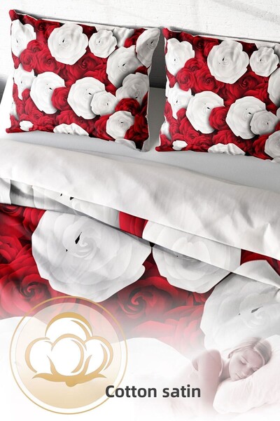 PerlaSera Design personalizat 3D - Set de lenjerie de pat dublu din satin de bumbac, alb și roșu
