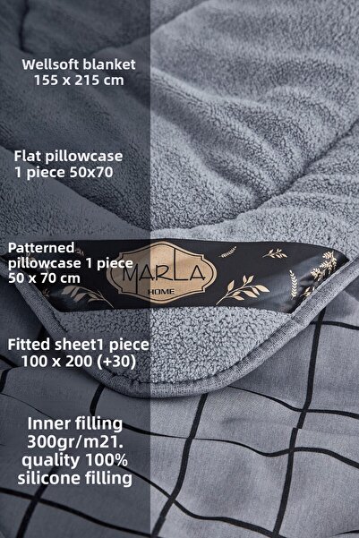 MARLA HOME Single Person Line Patterned Welsoft Sleeping Set - Double Sided Blanket Fluffy