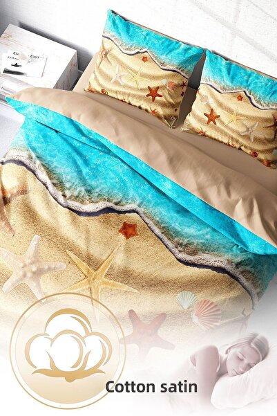 MonoHome 100% Cotton Satin Double Duvet Cover Set with Fitted Sheets Beach Stars