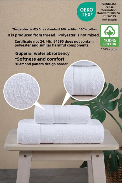 Ellaline 2-Piece Bath Towel Set 100% Cotton Certified, Body Head Towel Set White - 50X80 & 70X130Cm