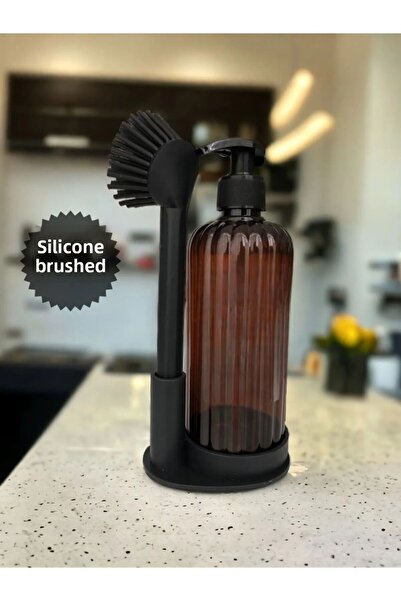 MAİN SHOP Liquid Soap Dispenser Set with Soft Silicone Brush - Dishwashing Detergent - Bleach - Amber Bottle 500 ml M-166
