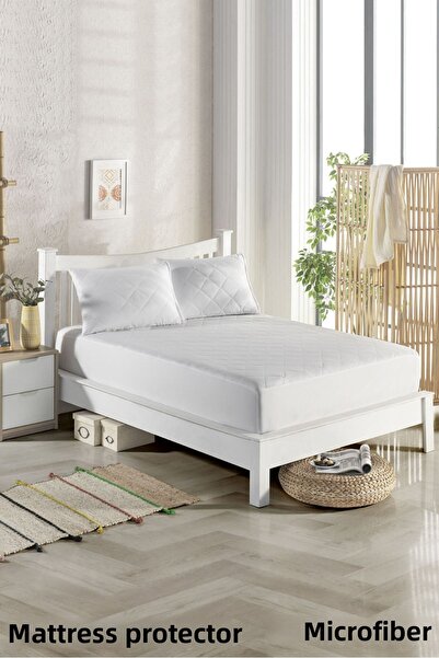 LİNDOA مرتبة مزدوجة بحجم كينغ باللون الأبيض - واقي مرتبة مبطن من الألياف الدقيقة