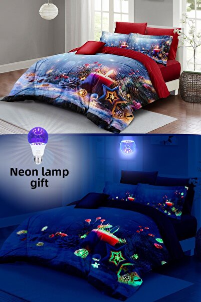 MonoHome Neon Phosphorescent Double Duvet Cover Set - 100% Cotton Satin, Christmas Candle with Elastic Sheets