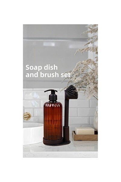 MAİN SHOP Liquid Soap Dispenser Set with Soft Silicone Brush - Dishwashing Detergent - Bleach - Amber Bottle 500 ml M-166