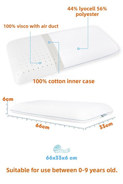 VİSCOTEX White Visco Orthopedic Child Pillow in 66X33X6Cm Sizes, Anti-Suffocation