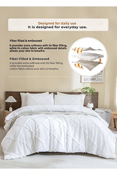 Evlen Home Collection Cotton Aimar Bedspread Set Daily Double (Sided) Personality Boho 3 Pieces Fiber Filling White