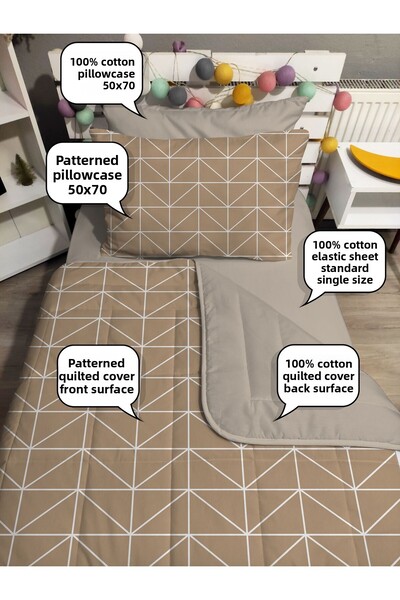 yok yok evim eve dair her şey Quilted Mink Geometric 4-Piece (100% Cotton 100X200 with Elastic Sheets) Single Bedspread Set