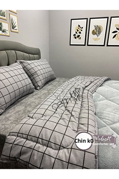 Çetinhome Smoked Square Patterned Double Welsoft Quilt Set