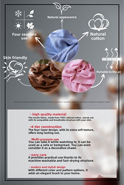 Chicvente 100x100cm 4 layer %100 muslin baby blanket, cotton baby cover, multi-purpose muslin cover