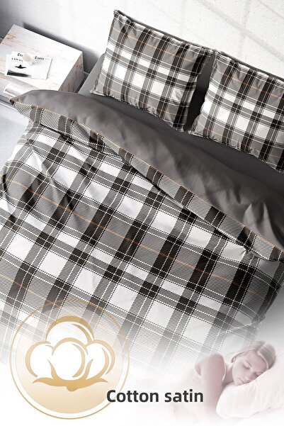 PerlaSera 3D Custom Design - Double Grey Plaid Duvet Cover Set, Tightly Woven Cotton Satin