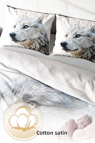 PerlaSera Design personalizat 3D - Set de lenjerie de pat natural Wolf alb dublu, satin de bumbac țesut dens