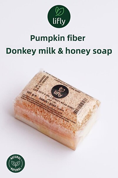 lifly مجموعة صابون ألياف اليقطين الطبيعي بخلاصة الأرز وحليب الحمار والعسل والصبار والبركان والرماد من ألياف اليقطين 4 قطع