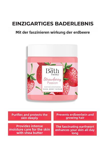 THE BATH FACTORY Scrub de corp hidratant și demachiant cu shea - aromă de căpșuni 300gr