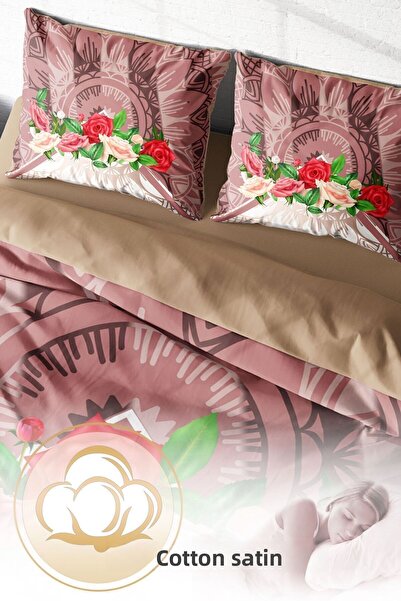 PerlaSera Double Duvet Cover Set Dense Weave Cotton Satin 3D Special Design Brown & Roses