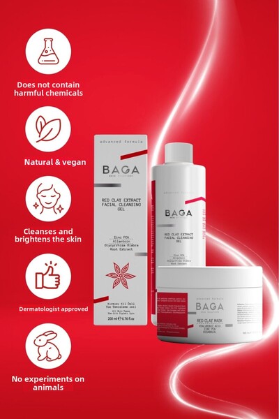 Baga جل تنظيف الوجه بخلاصة الطين الأحمر وقناع الطين الأحمر، مجموعة من قطعتين