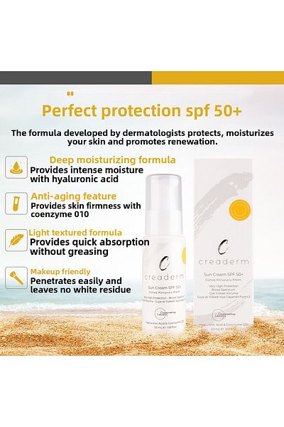 CREADERM واقي شمسي بعامل حماية من الشمس SPF 50+ حماية واسعة الطيف من الأشعة فوق البنفسجية فئة A وB، خالي من الزيوت والإنزيم المساعد Q10 - كريم مضاد للشيخوخة - 50 مل