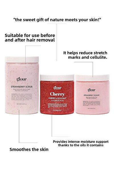 GLOUR Set of 3 Cherry India Extract Sugar Scrub & Strawberry Extract Body Yog...
