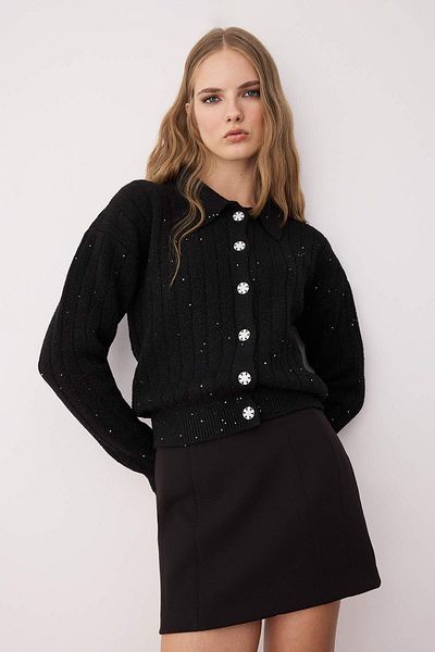 Trendyol Collection Black Wool Button Detail Sequined Yarn Polo Neck Ribbed Knitwear Cardigan Twoaw26Hi00037