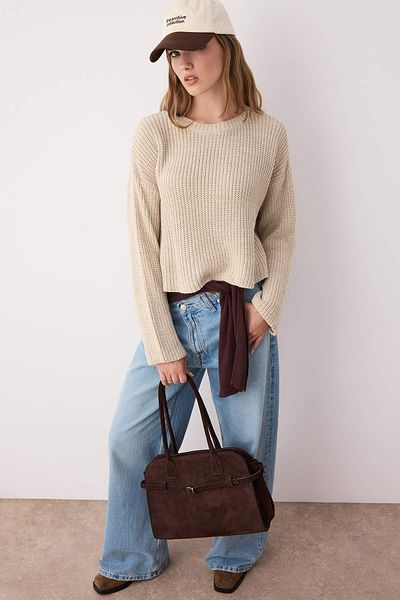 Trendyol Collection Stone*001 Crop Basic Plain Wide Fit Knitwear Sweater Twoaw23Kz00390