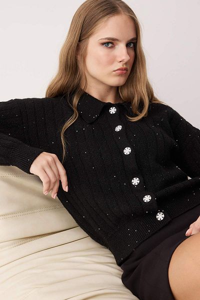 Trendyol Collection Black Wool Button Detail Sequined Yarn Polo Neck Ribbed Knitwear Cardigan Twoaw26Hi00037